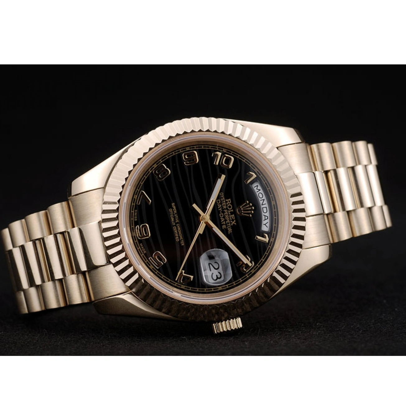 MiroTime 1024 Rolex Swiss DayDate Gold Stainless Steel Ribbed Bezel Black Dial 41998